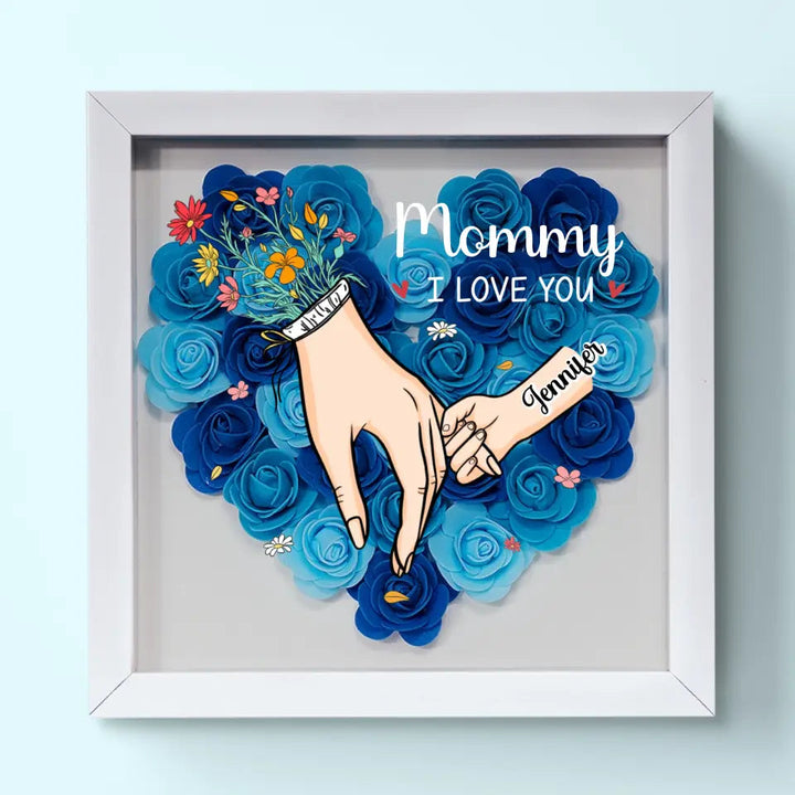 Uniek verjaardagscadeau voor mama: gepersonaliseerde namen bloemen in hout en acryl schaduwbox.