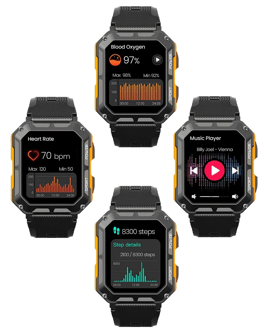 Robuuste heren smartwatch met zwart siliconen bandje, ideaal voor sport en buitenactiviteiten. Onverwoestbaar en waterdicht.