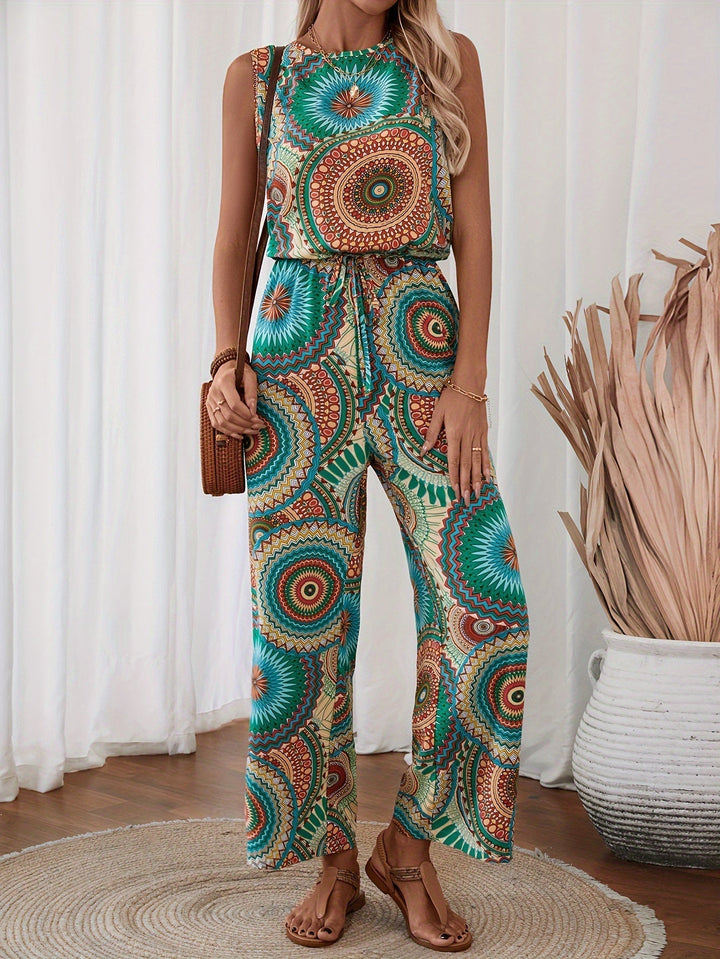 Close-up van de gedetailleerde mandala-print op de trendy dames zomer jumpsuit in boho stijl.