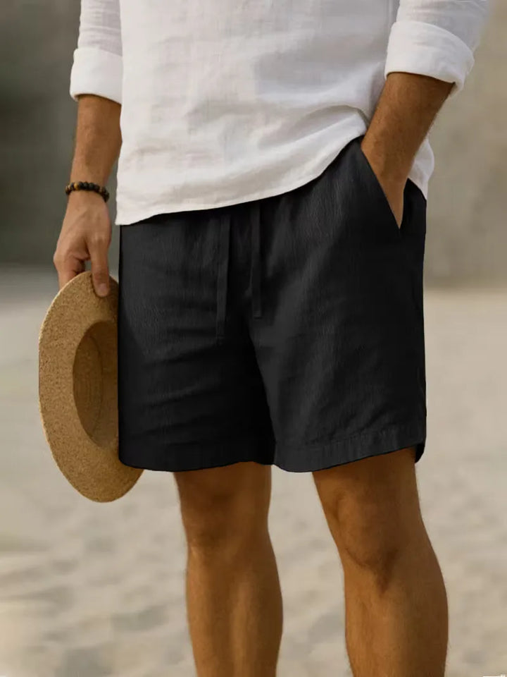 Zwarte casual heren plissé shorts, met elastische tailleband voor dagelijks gebruik.