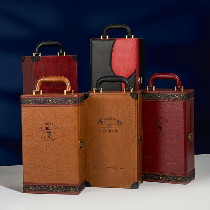 Vintage PU lederen wijnetui voor 2 flessen met tools, perfecte luxe cadeaubox.