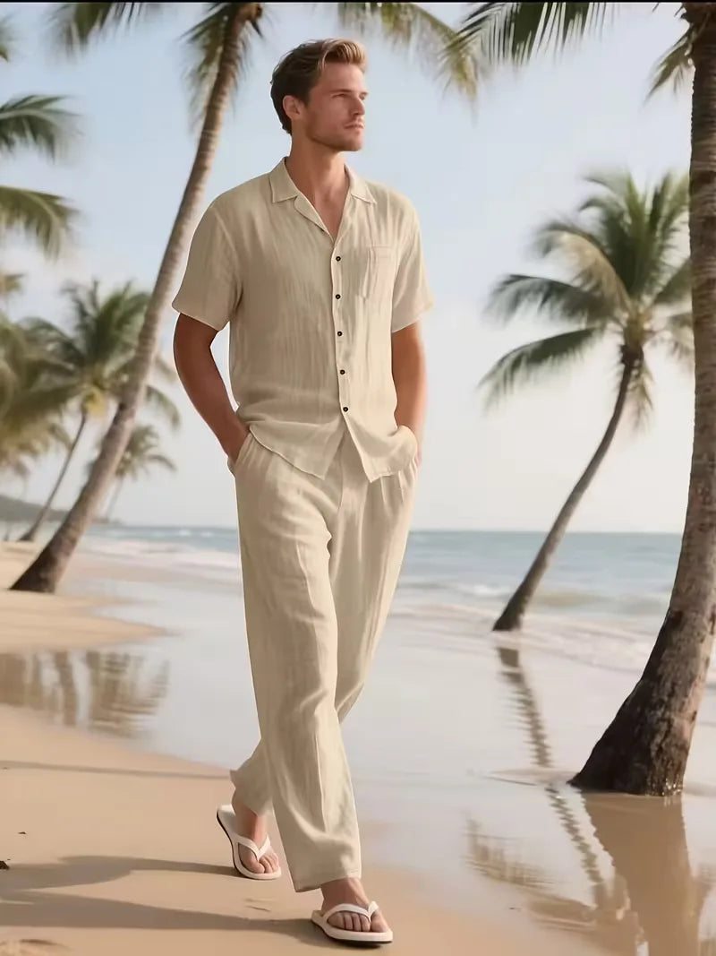 Heren zomerkledingset, comfortabele tweedelige casual outfit met V-hals shirt en wijde broek.