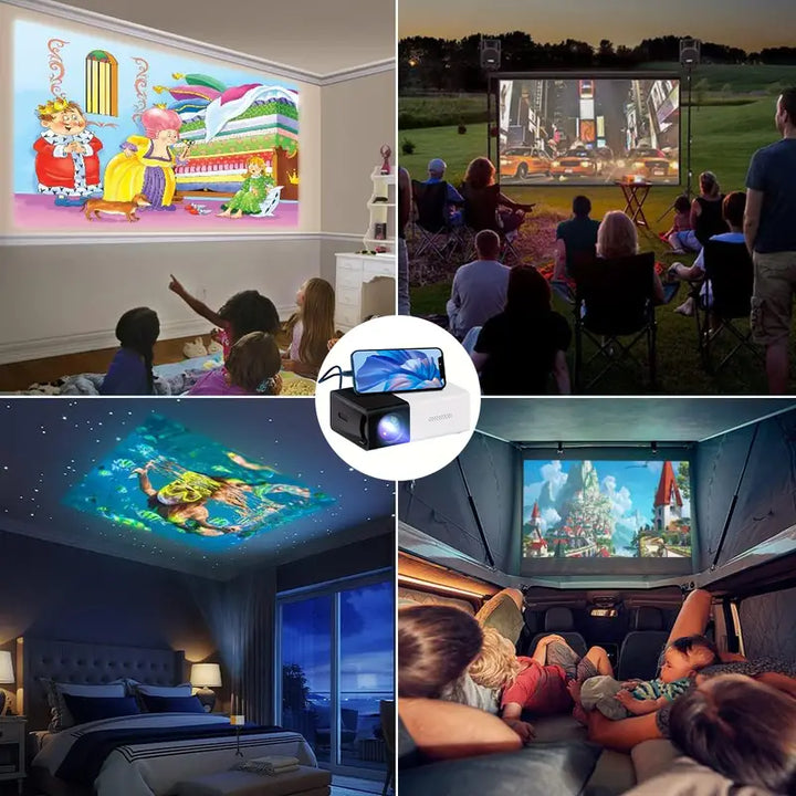 Compacte, draagbare mini projector met speakers. Perfect voor LED thuisbioscoop, camping of presentatie.