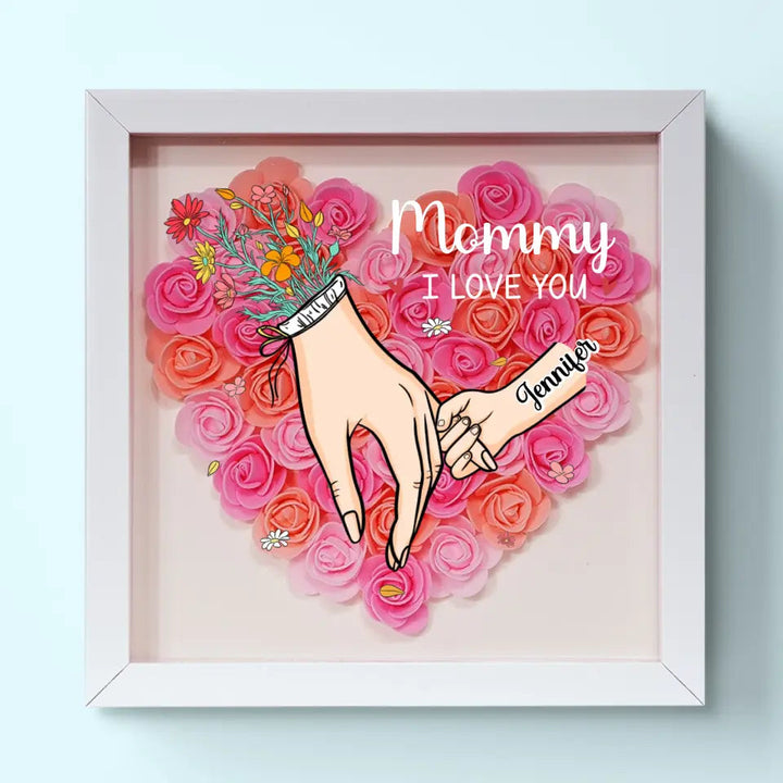 Elegante tafeldecoratie: gepersonaliseerde namen bloemen in houten acryl schaduwbox, speciaal voor mama.