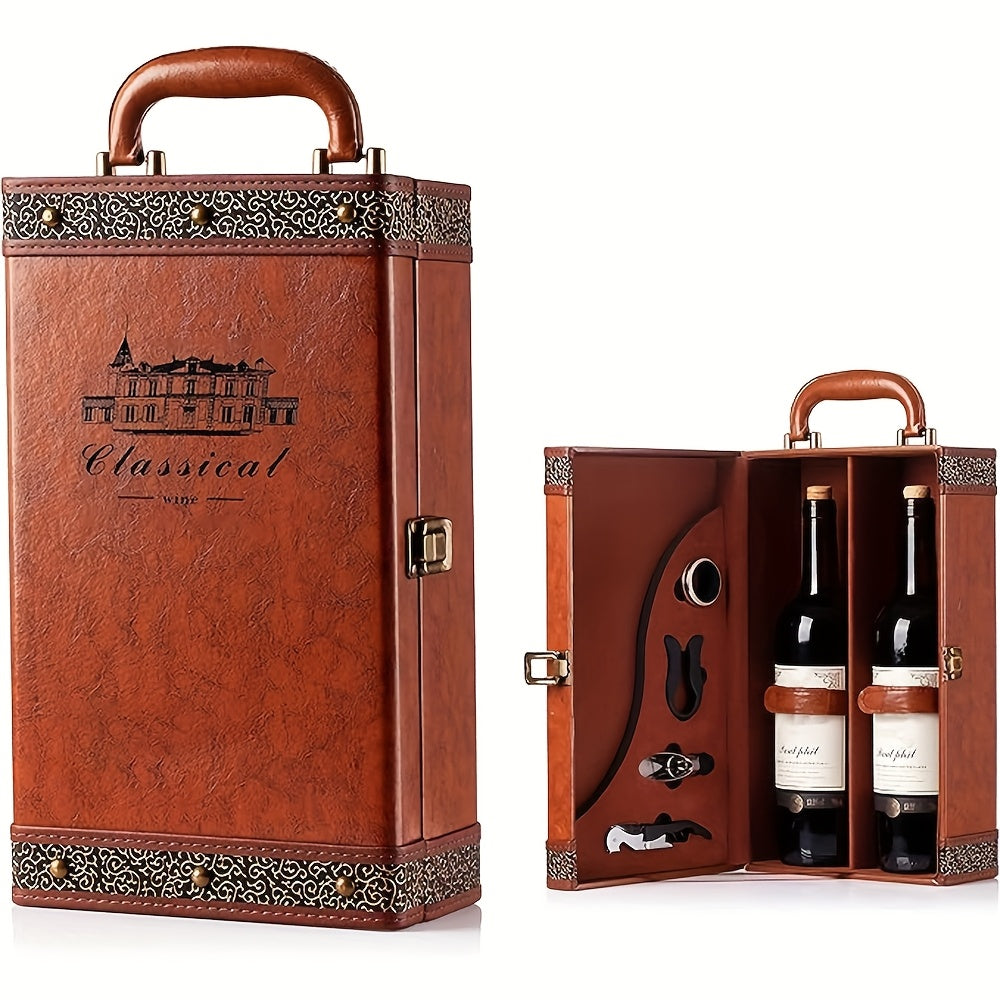 Luxe PU lederen wijndrager voor 2 flessen met accessoires, ideaal als cadeau.