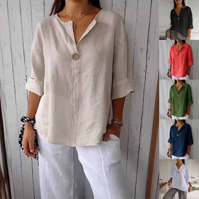 Damesblouse CJ26 met V-hals en 3/4 mouw. Comfortabele, stijlvolle relaxte pasvorm voor zomer en lente.