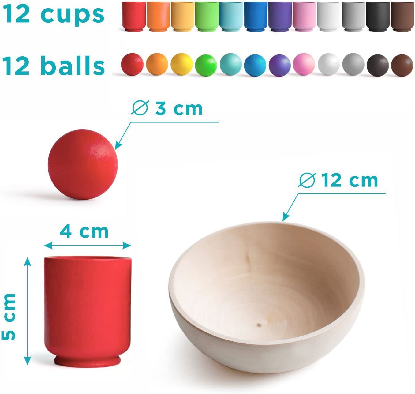 Educatief houten kleuren sorteerspel voor kinderen met kleurrijke ballen en lepel, stimuleert zintuiglijke ontwikkeling.