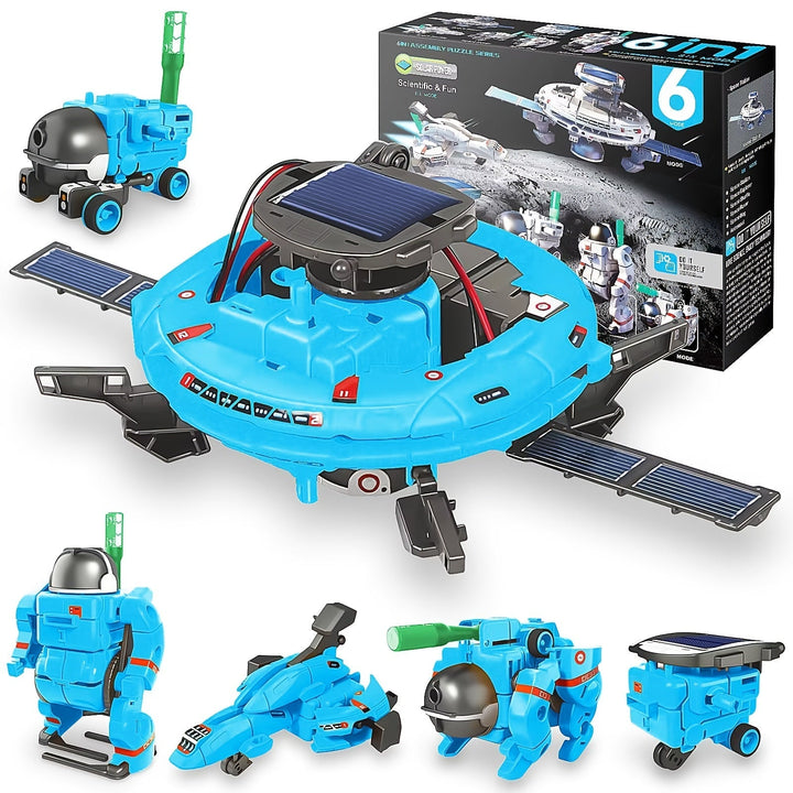 Verschillende modellen van de educatieve 6-in-1 solar robot bouwset, aangedreven door zonne-energie, voor uren speelplezier.