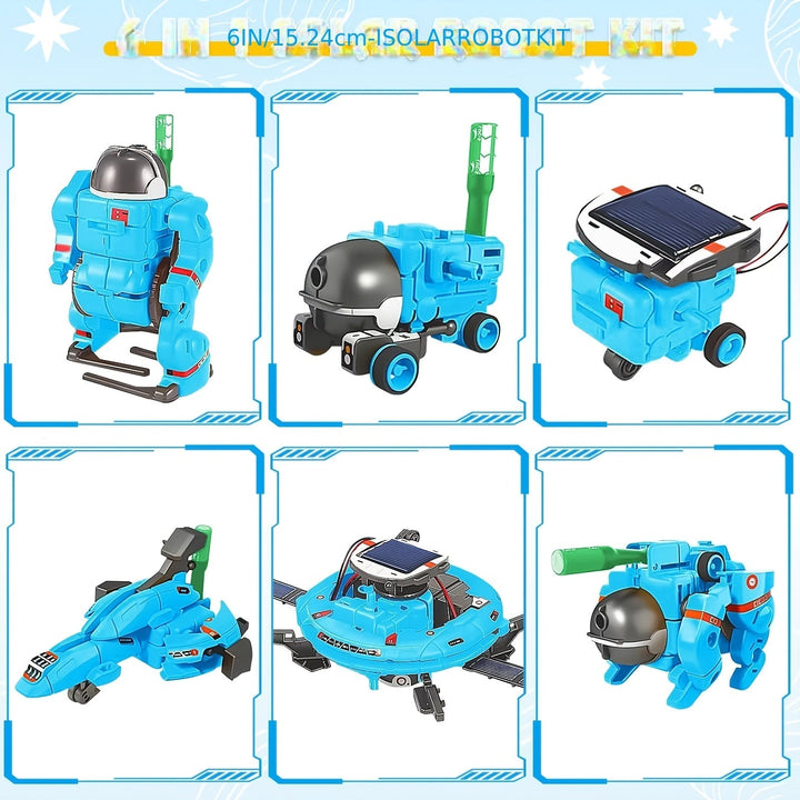 Close-up van één van de 6 solar robots uit de educatieve bouwset. Werkt op zonne-energie, stimuleert creativiteit.