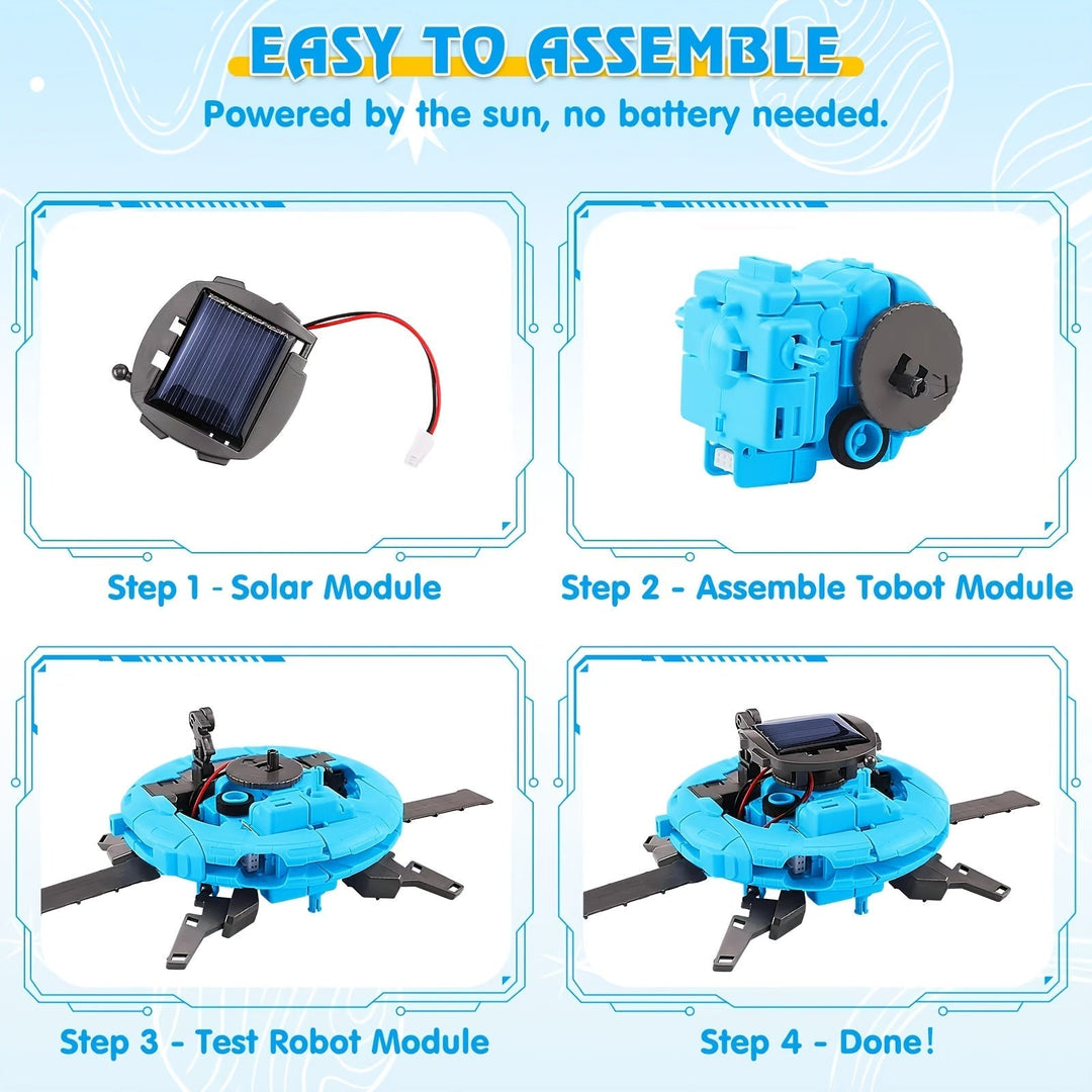 Blije kind bouwt een solar robot. Educatieve 6-in-1 bouwset voor kinderen, perfect STEM speelgoed voor creatieve ontdekking.