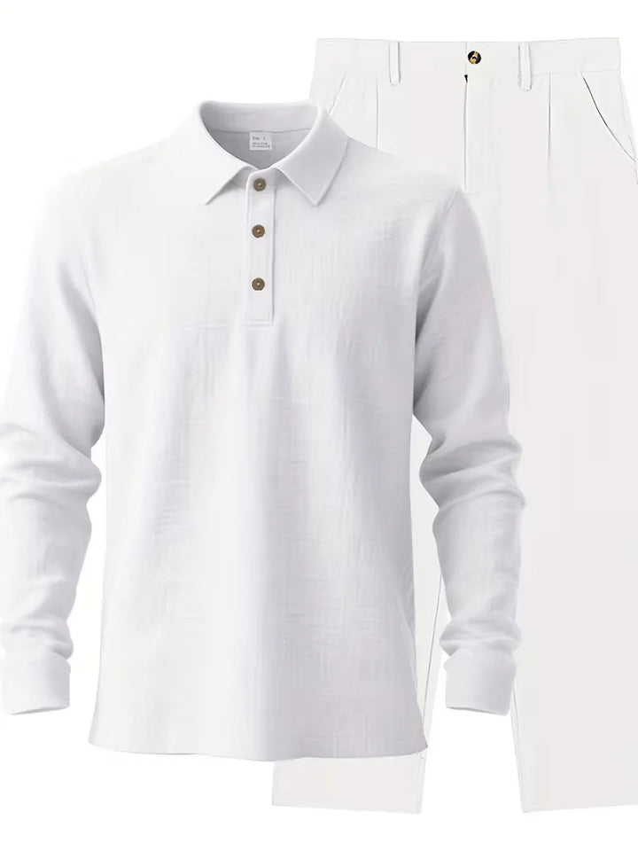 Ademend heren linnen set met mandarijnkraag, comfortabel voor warme zomeravonden.