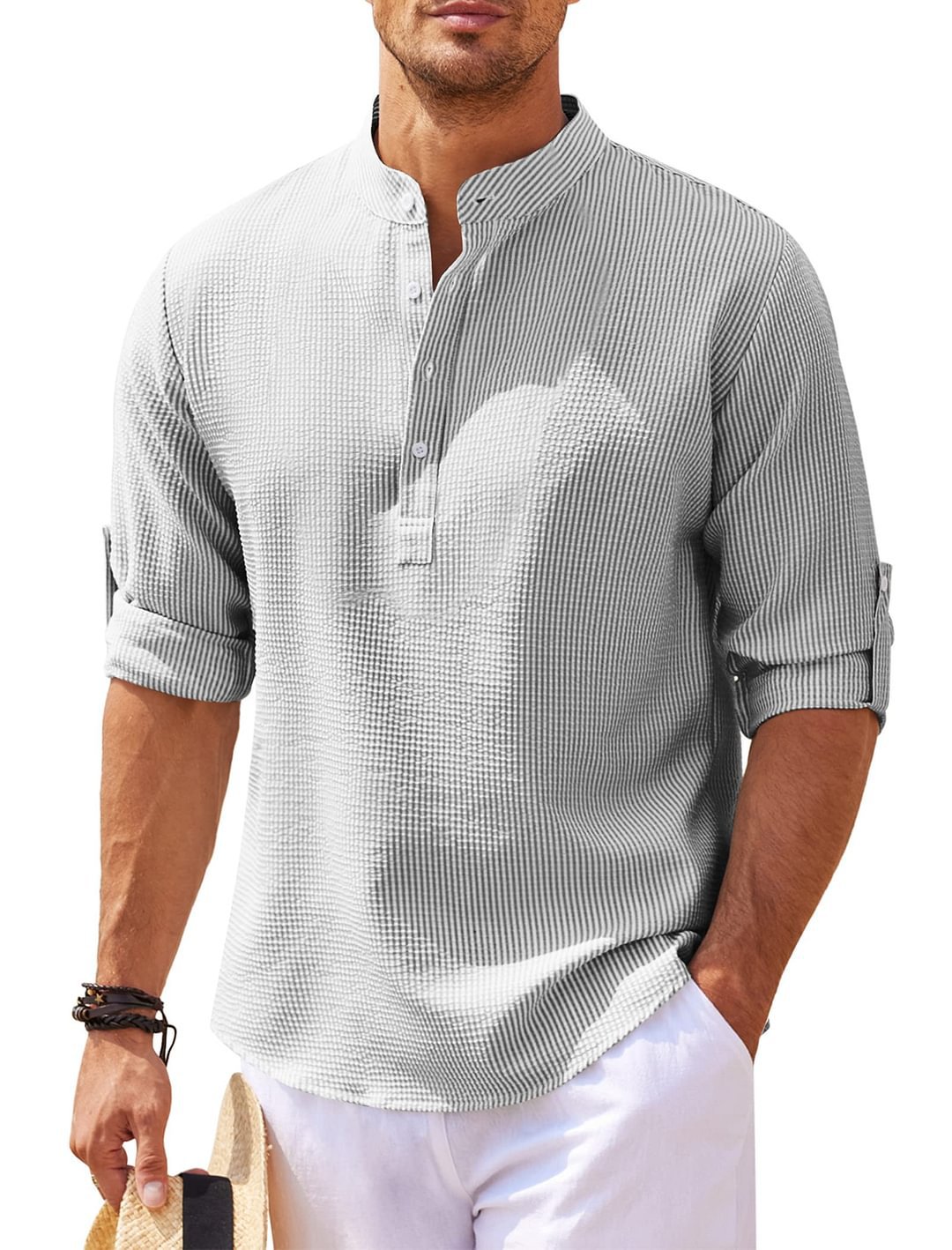 Comfortabel effen herenshirt met opstaande kraag. Ideaal voor herfst en winter, lange mouwen.