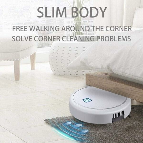 Compacte robotstofzuiger glijdt onder een bank, reinigt moeilijk bereikbare plekken stil en efficiënt.