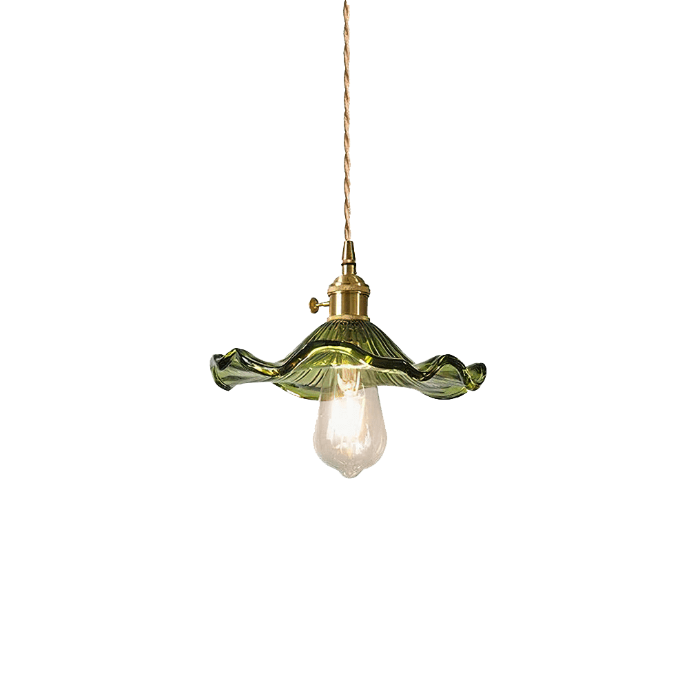 Gedetailleerde hibiscus hanglamp, glas en messing, sfeervolle decoratieve plafondlamp voor uw interieur.