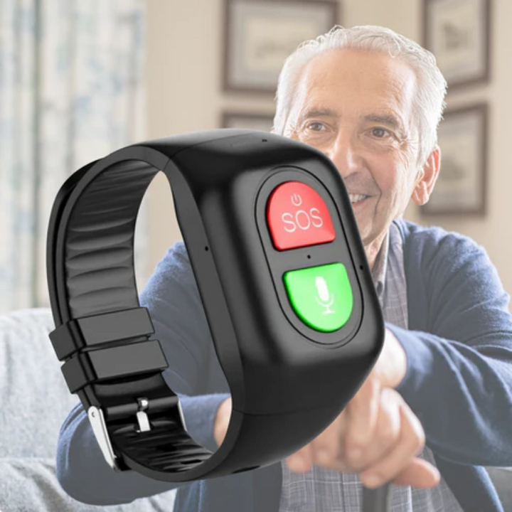 Duidelijke weergave van senioren smartwatch met GPS locatietracking voor ouderen veiligheid en gemoedsrust.