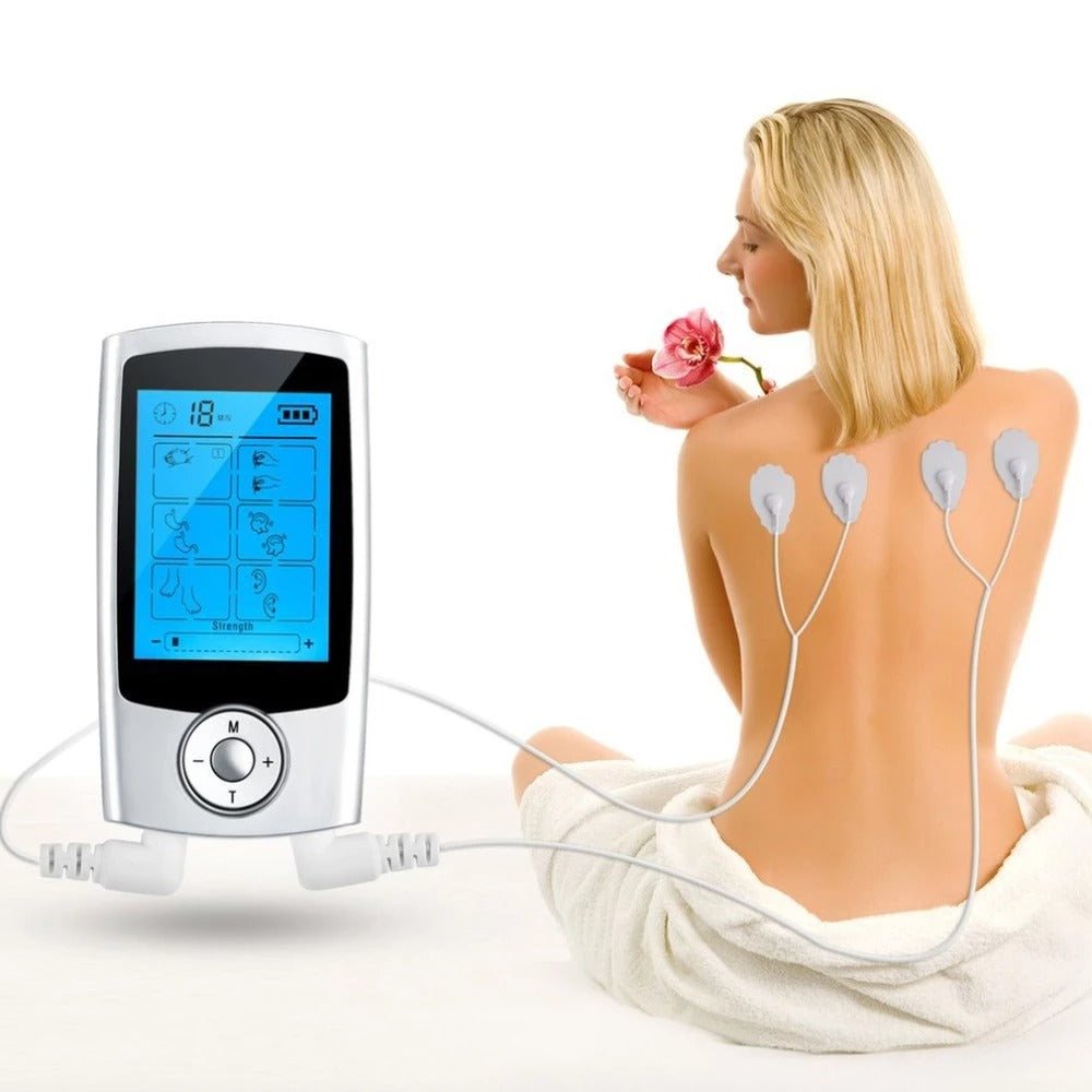Gebruiksvriendelijk EMS TENS apparaat voor ontspanning, spierstimulatie en therapeutische pijnverlichting.