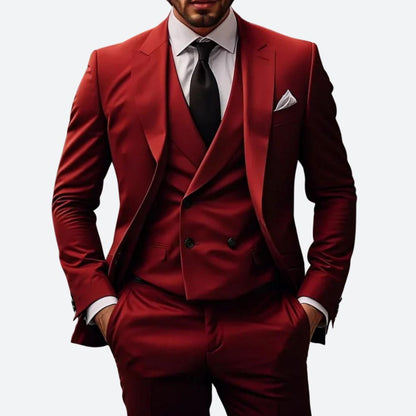 "Elegant 3-delig herenpak, modern fit, met colbert, broek en vest. Perfect voor zakelijke of speciale gelegenheden."