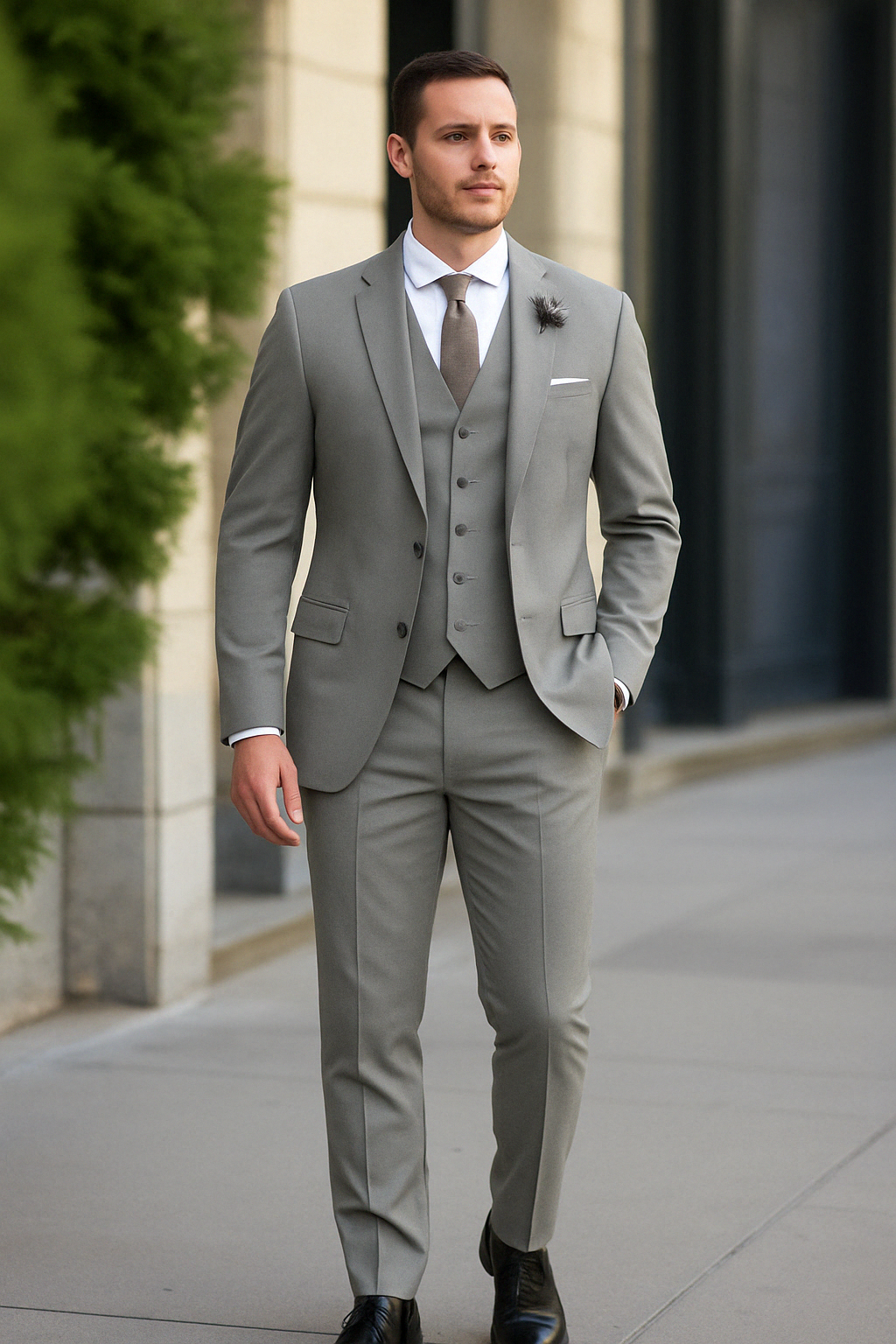 "Elegant 3-delig herenpak, slim fit, met blazer, gilet en broek in grijze tint voor bruiloft en zakelijke gelegenheden."