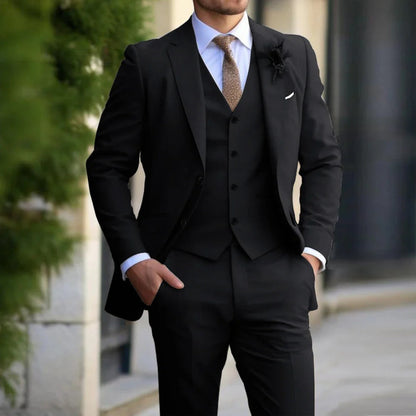 "Elegant 3-delig herenpak, slim fit, met blazer, gilet en broek in grijze tint voor bruiloft en zakelijke gelegenheden."