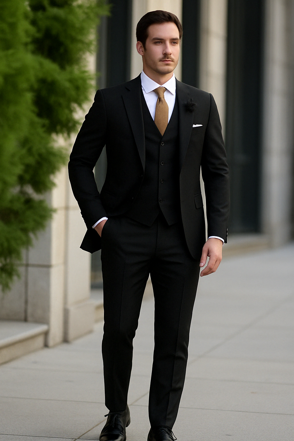 "Elegant 3-delig herenpak, slim fit, met blazer, gilet en broek in grijze tint voor bruiloft en zakelijke gelegenheden."