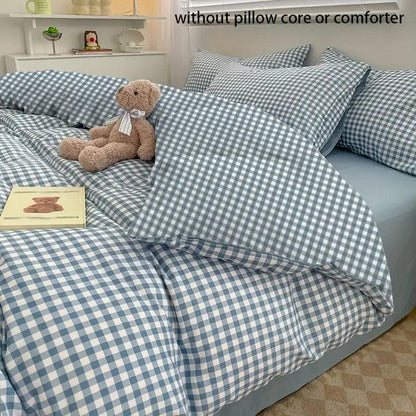 "Elegant blauw geruit dekbedovertrek, Koreaanse stijl, zacht en duurzaam, complete set met kussenslopen, slaapkamer upgrade"