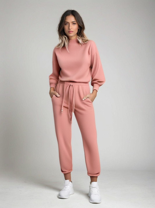 Elegant dames trainingspak met ballonmouwen, hoge halslijn en trekkoord, in zachte ademende stof. Comfort en stijl gecombinee