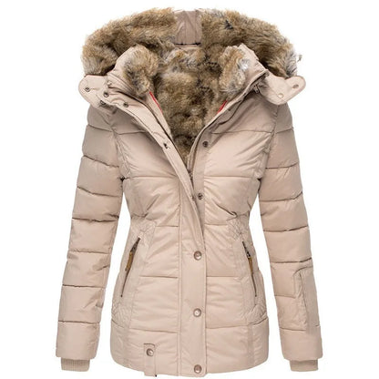 "Elegant damesjasje met capuchon en bont, stijlvolle warme winterjas, perfect voor kou en comfort, beige met luxe afwerking."