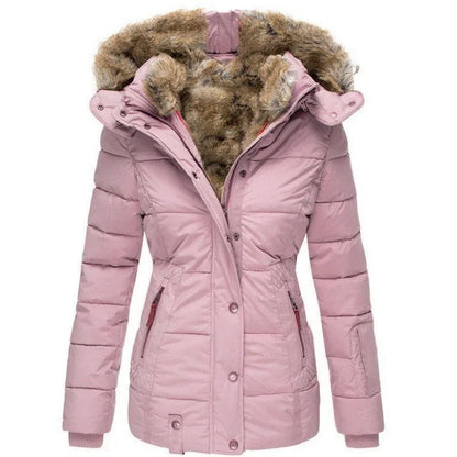 "Elegant damesjasje met capuchon en bont, stijlvolle warme winterjas, perfect voor kou en comfort, beige met luxe afwerking."