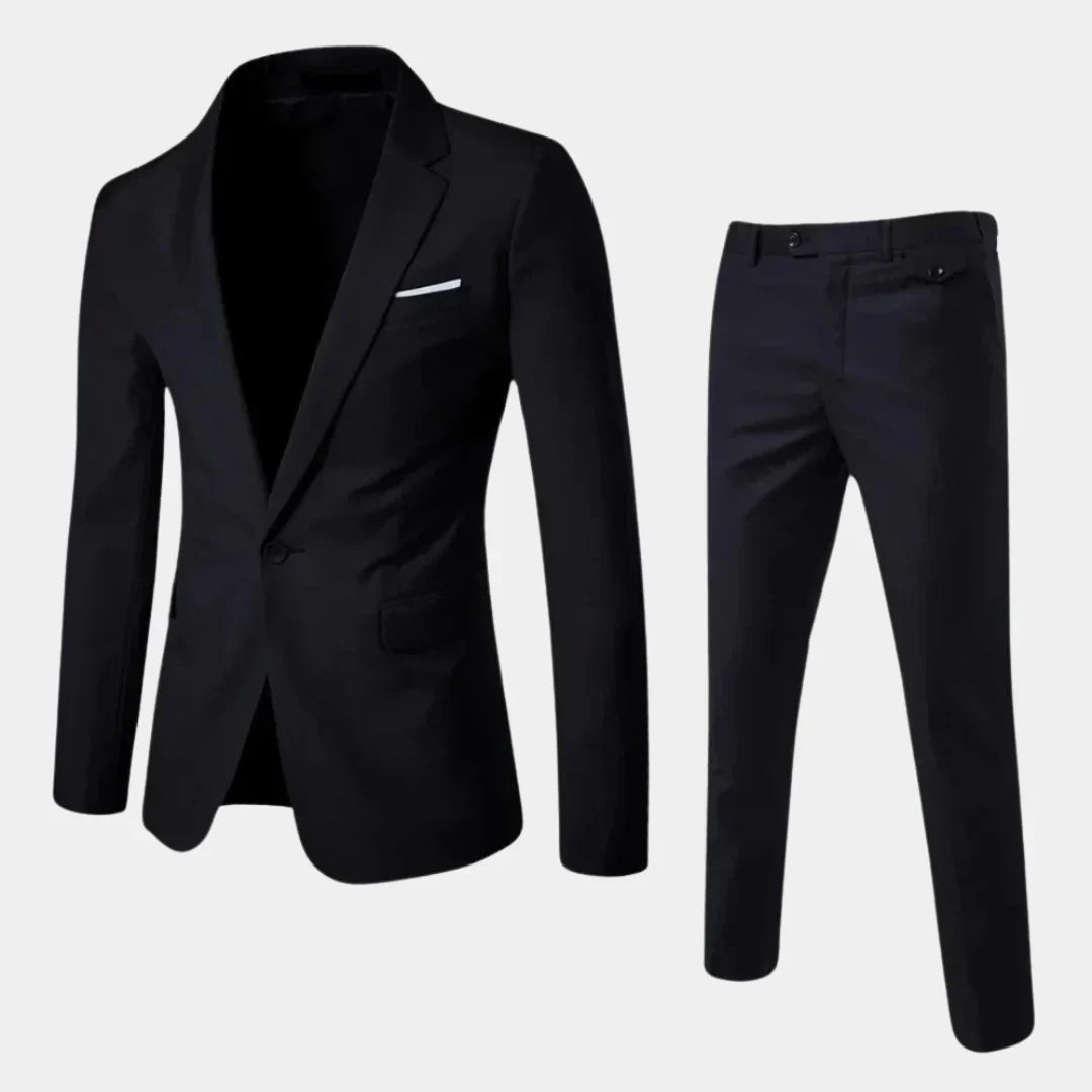 Elegant tweedelig herenpak met slimfit blazer en pantalon, ideaal voor zakelijke gelegenheden of bruiloften.