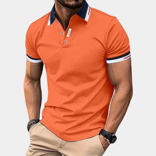 Elegant oranje herenpoloshirt met contrasterende kraag, slim fit voor een sportieve look. Perfect voor casual en sportieve ou