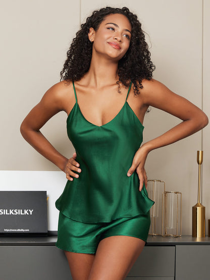 Elegant rugloze zijde pyjama set voor dames, mouwloos met verfijnd design, gemaakt van zachte, ademende moerbeizijde.