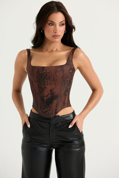 "Elegant vintage satijnen korsettop voor dames, flatterend silhouet met tijdloze charme en verstelbare sluiting."