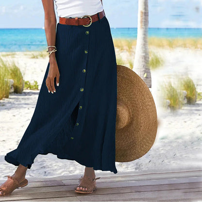 "Elegante A-lijn damesrok, ademend polyester, knoopdetails, mid-waist, comfortabele pasvorm voor lente en zomer."