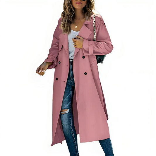 "Elegante Brenda trenchcoat dames, roze, met knoopsluiting, veelzijdige jas geschikt voor elk seizoen en gelegenheid."
