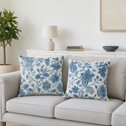 "Elegante CoastalBloom kussenhoes met bloemmotief, past in elk interieur, biedt comfort en bescherming tegen slijtage."