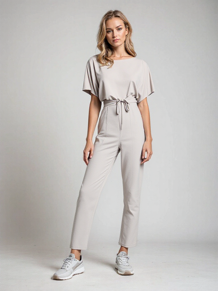 "Elegante dames jumpsuit met brede pijpen, korte mouwen en riem, ideaal voor zowel formele als casual gelegenheden."