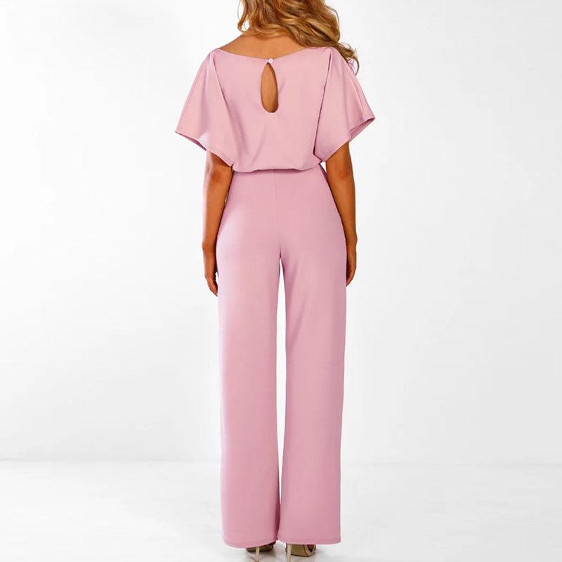 "Elegante dames jumpsuit met brede pijpen, korte mouwen en riem, ideaal voor zowel formele als casual gelegenheden."