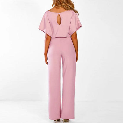 "Elegante dames jumpsuit met brede pijpen, korte mouwen en riem, ideaal voor zowel formele als casual gelegenheden."