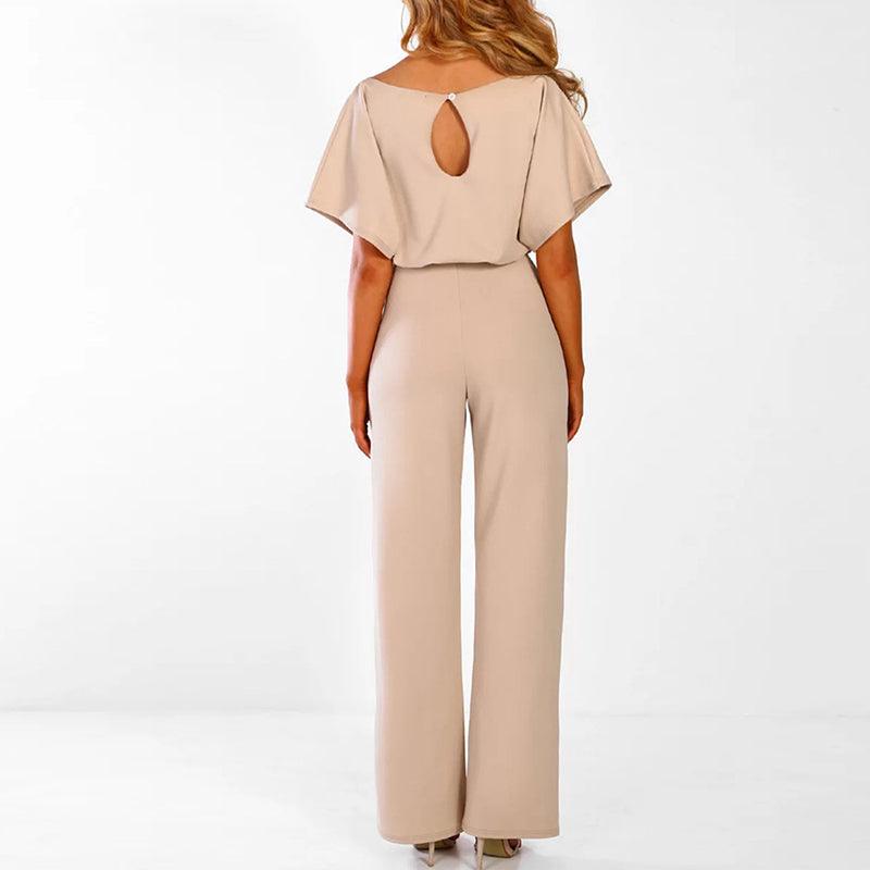 "Elegante dames jumpsuit met brede pijpen, korte mouwen en riem, ideaal voor zowel formele als casual gelegenheden."