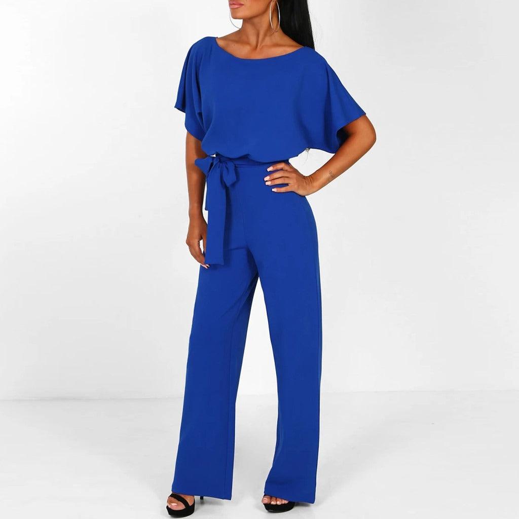 "Elegante dames jumpsuit met brede pijpen, korte mouwen en riem, ideaal voor zowel formele als casual gelegenheden."