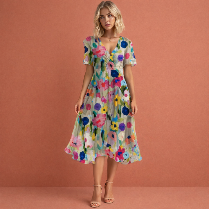 Elegante en comfortabele dames zomerjurk met vrolijke bloemenprint, perfect voor lente en vakantie.