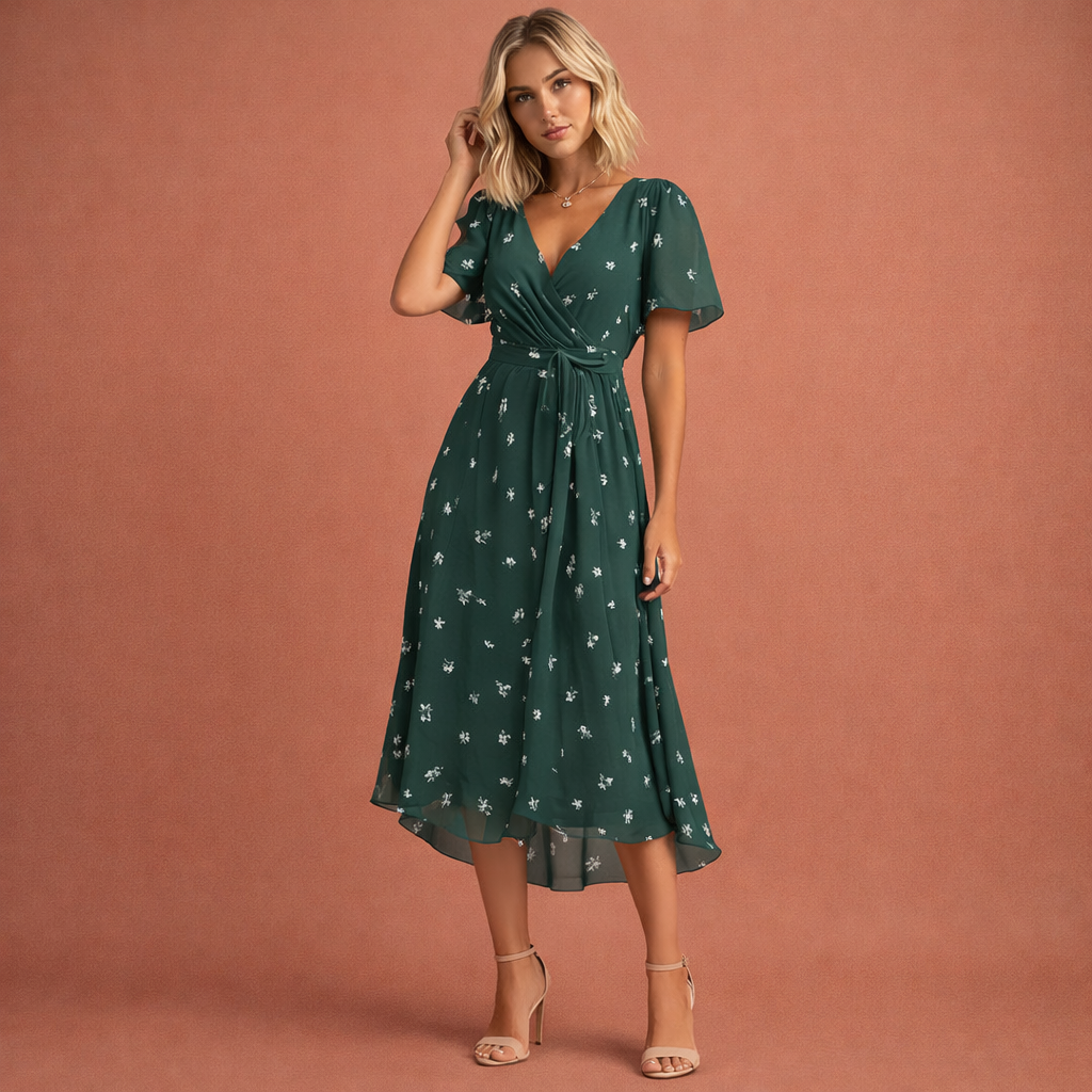 Stijlvolle midi-jurk voor dames met bloemenprint, perfect als feestjurk of vakantiejurk met korte mouwen.