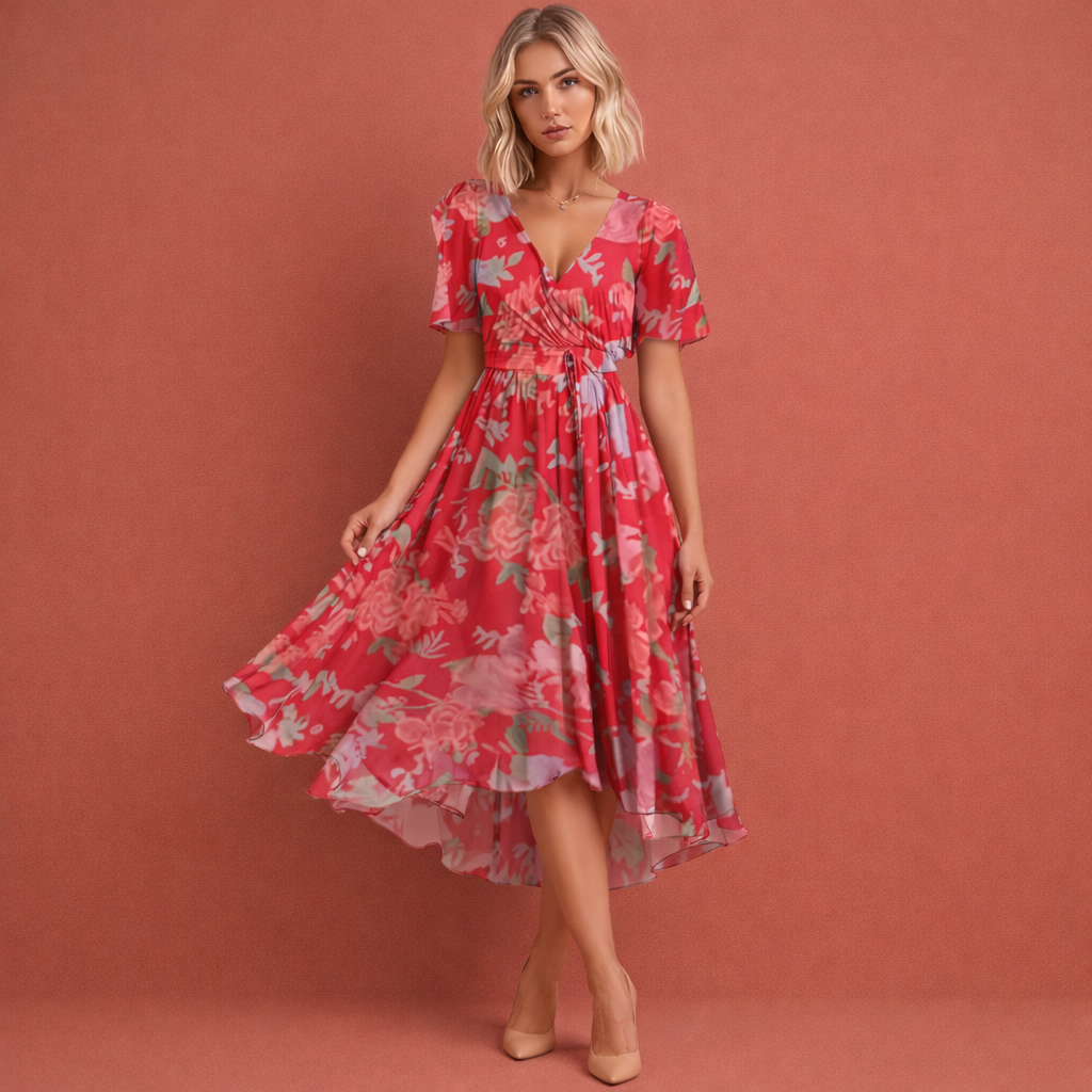 Vrolijke dames midi-jurk met bloemenprint en korte mouwen, comfortabel voor een zomerse dag of lente uitje.