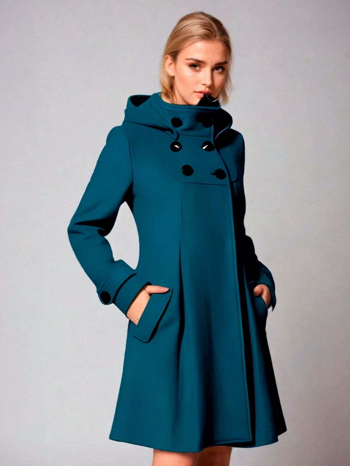 Elegante dames wollen winterjas, warm en stijlvol, met praktische zijzakken en tijdloze snit. Perfect voor koude maanden.