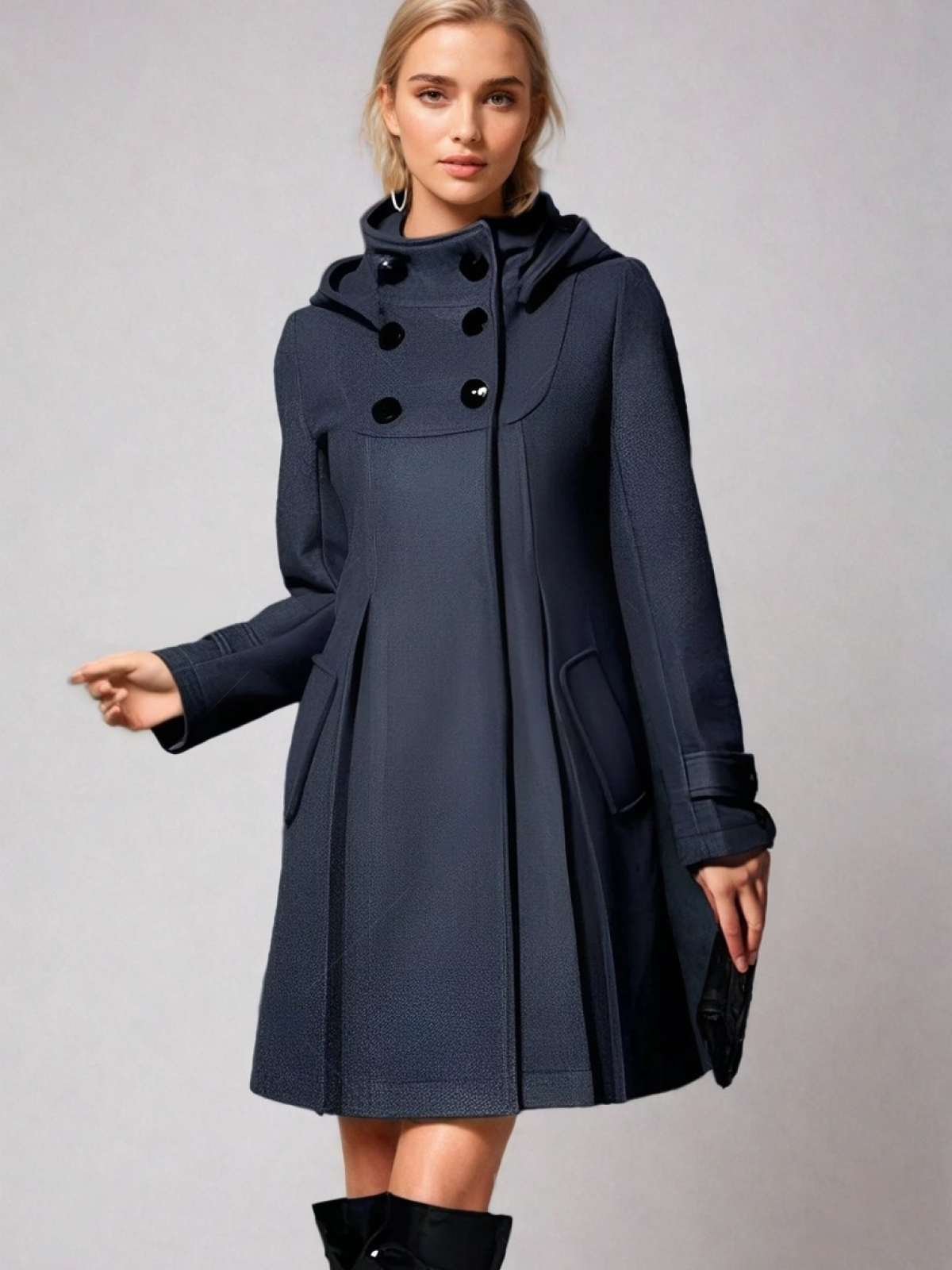 Elegante dames wollen winterjas, warm en stijlvol, met praktische zijzakken en tijdloze snit. Perfect voor koude maanden.
