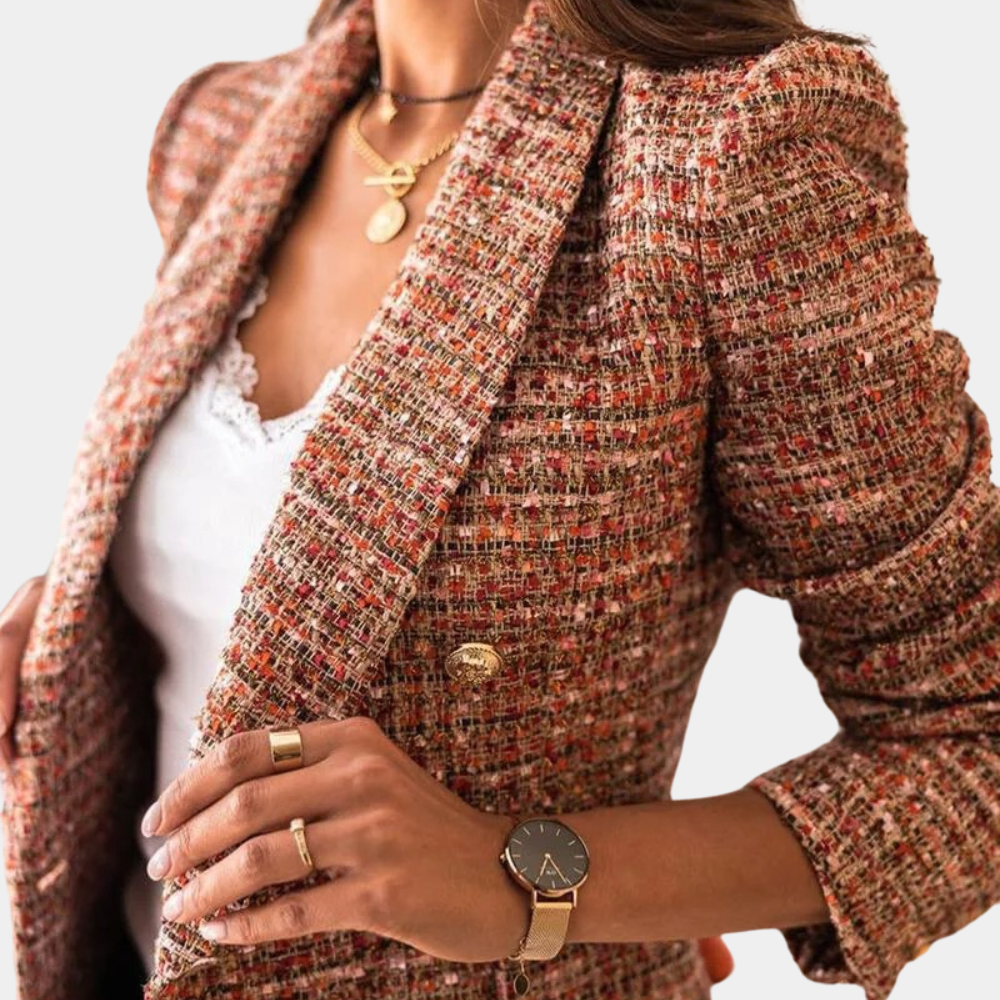 "Elegante damesblazer in bruin, zwart of khaki; veelzijdig ontwerp voor zakelijke en casual stijlen, flatterende pasvorm."