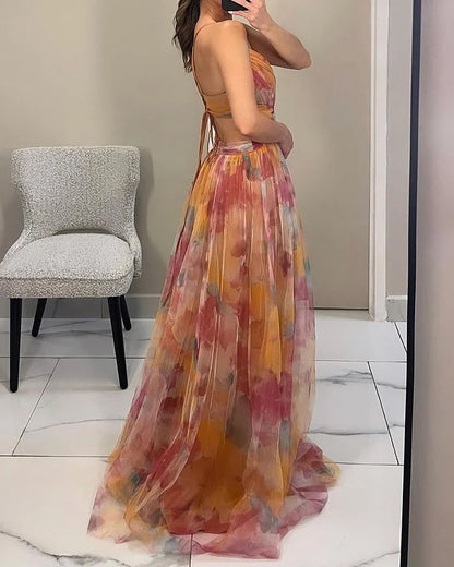 "Elegante damesjurk van chiffon met bloemenprint, lichtgewicht en comfortabel, perfect voor elke gelegenheid."