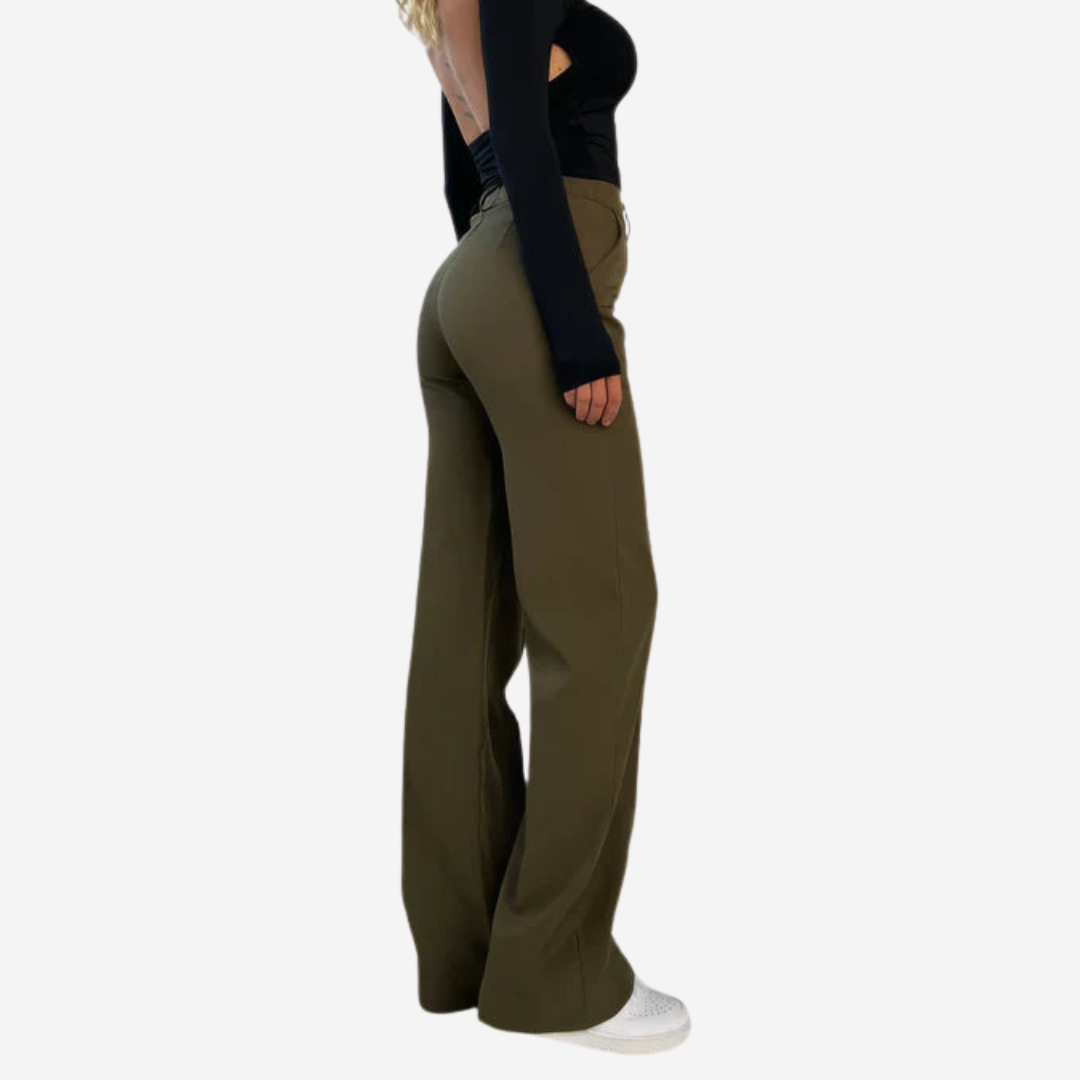 "Elegante grijze damesbroek met slim-fit en wijde pijpen van duurzame polyester voor zowel casual als formele looks."