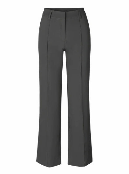 "Elegante grijze damesbroek met slim-fit en wijde pijpen van duurzame polyester voor zowel casual als formele looks."