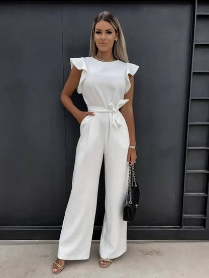 "Elegante jumpsuit met vlindermouwen en wijde pijpen, stijlvol voor formele en casual gelegenheden, beschikbaar in diverse kl